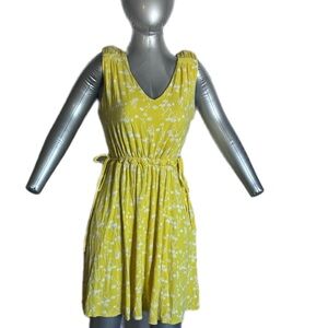 Cynthia Rowley V Neck Dress Yellow w/White Floral Print Drawstring Waist Size M